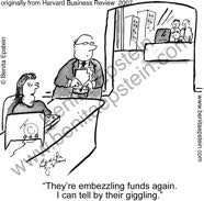 business embezzling funds giggling secretary coworker desk HBR cartoon 1020