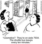 women shopping cosmetics aisle shuttle bus  cartoon 1290