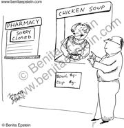 funny medical cartoon 1171 pharmacy medication drug pharmacist chicken soup jewish penicillin medication meds drug drugs mother patient sick sickness cure cold sore throat flu
