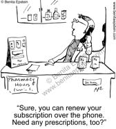 funny medical cartoon pharmacy pharmacist drugs medication subscription prescription health insurance renew refill 1594
